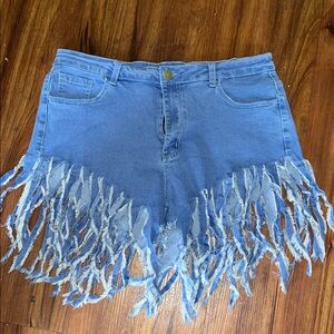 Blue Fringe Denim Shorts